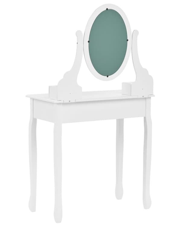 Kampauspöytä valkoinen 68 x 137 x 30 cm MDF-levy 5 laatikkoa keisaripuu polyesteri peili jakkara