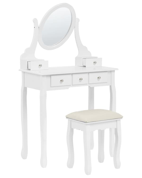 Kampauspöytä valkoinen 68 x 137 x 30 cm MDF-levy 5 laatikkoa keisaripuu polyesteri peili jakkara