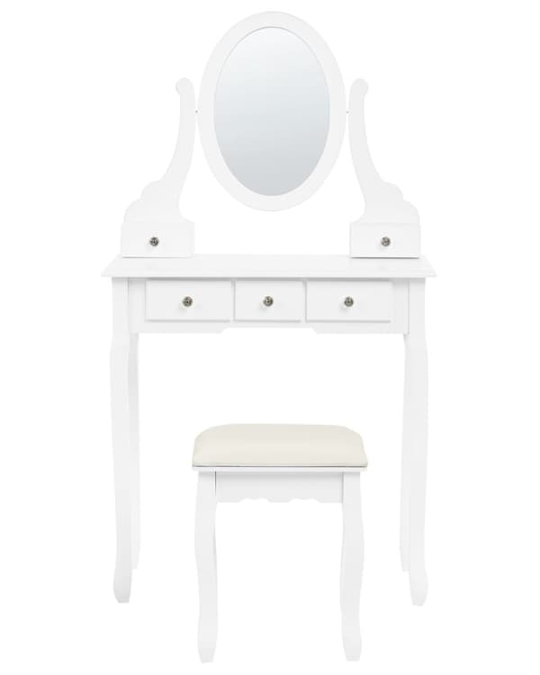 Toiletbord Hvid MDF 140 x 80 cm Dekorativ Sminkebord med Spejl og 5 Skuffer Opbevaring Tilbehør Makeup Bord til Pigeværelse Soveværelse Design