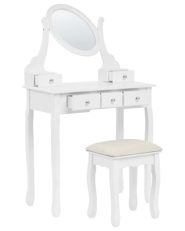 Toiletbord Hvid MDF 140 x 80 cm Dekorativ Sminkebord med Spejl og 5 Skuffer Opbevaring Tilbehør Makeup Bord til Pigeværelse Soveværelse Design