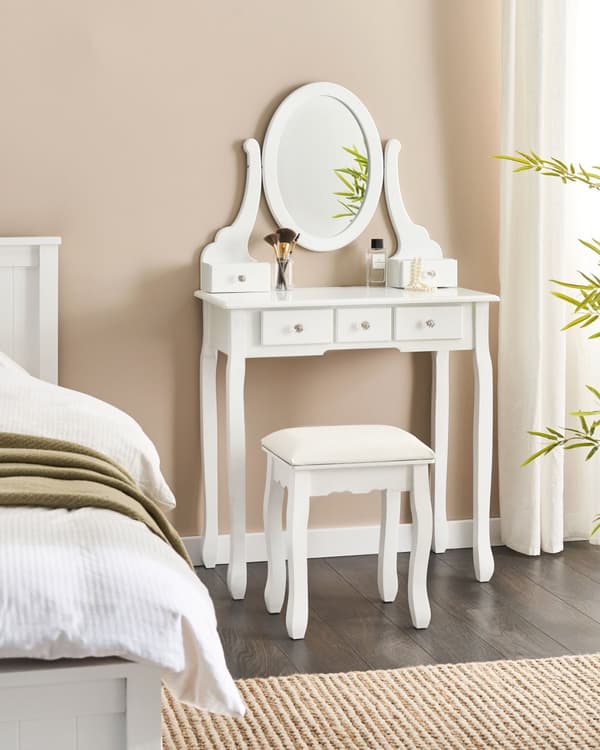 Toiletbord Hvid MDF 140 x 80 cm Dekorativ Sminkebord med Spejl og 5 Skuffer Opbevaring Tilbehør Makeup Bord til Pigeværelse Soveværelse Design