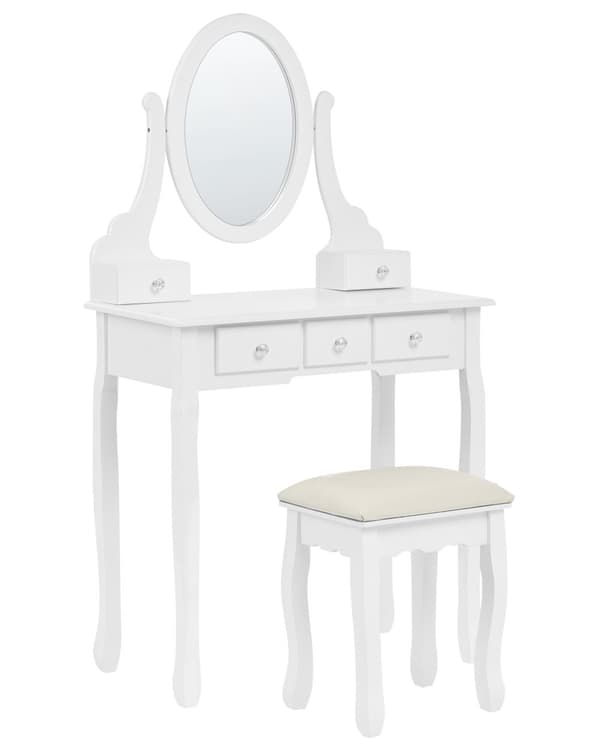 Toiletbord Hvid MDF 140 x 80 cm Dekorativ Sminkebord med Spejl og 5 Skuffer Opbevaring Tilbehør Makeup Bord til Pigeværelse Soveværelse Design