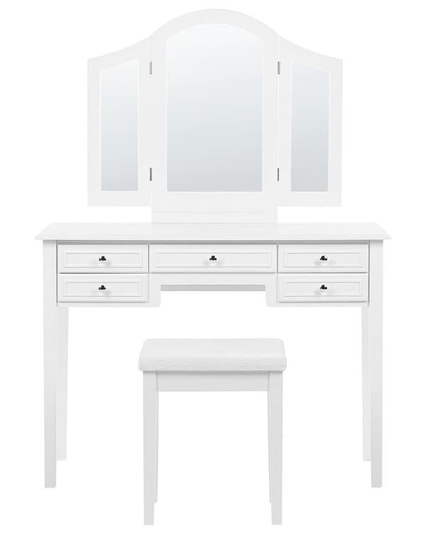 Kampauspöytä valkoinen 95 x 144 x 45 cm MDF metalli jakkara 5 laatikkoa avattava peili