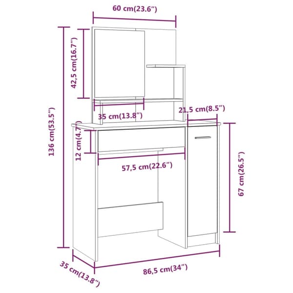vidaXL Sminkbord med spegel betonggrå 86,5x35x136 cm
