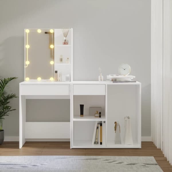 vidaXL LED-sminkebord med skap hvit konstruert tre