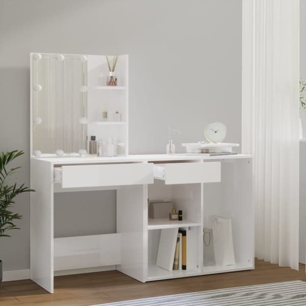 vidaXL LED-sminkebord med skap hvit konstruert tre