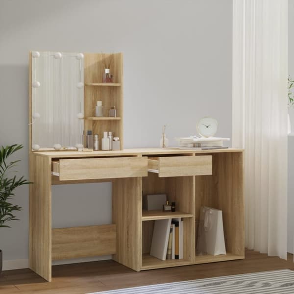 vidaXL Sminkbord LED med skåp sonoma-ek konstruerat trä