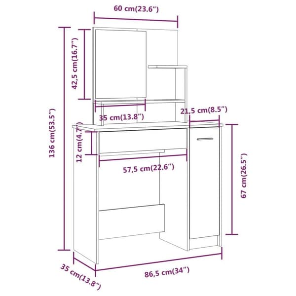 vidaXL Sminkbord set betonggrå 86,5x35x136 cm