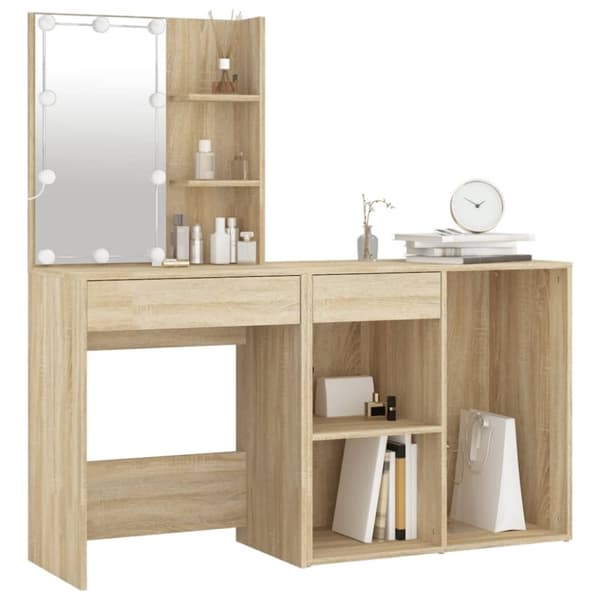 vidaXL makeupbord med LED-lys og skab konstrueret træ sonoma-eg