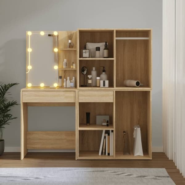 vidaXL makeupbord med LED-lys og 2 skabe konstrueret træ sonoma-eg