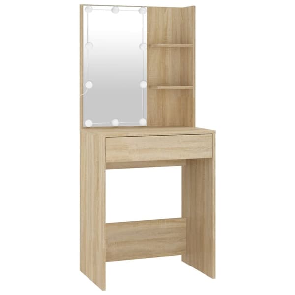 vidaXL makeupbord med LED-lys og 2 skabe konstrueret træ sonoma-eg