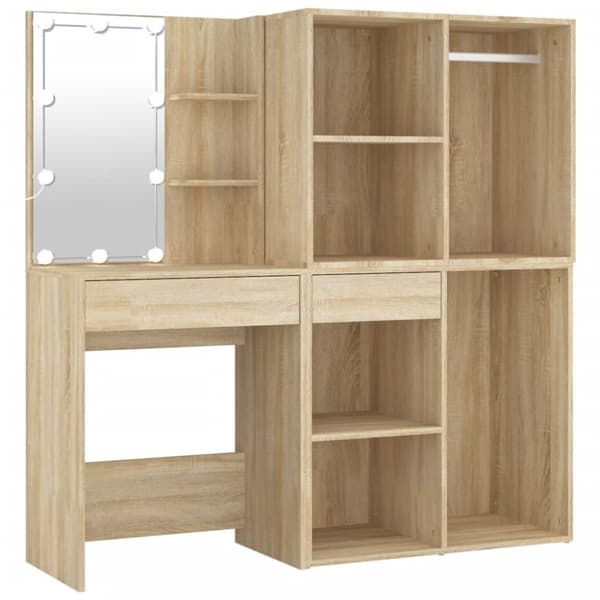 vidaXL makeupbord med LED-lys og 2 skabe konstrueret træ sonoma-eg