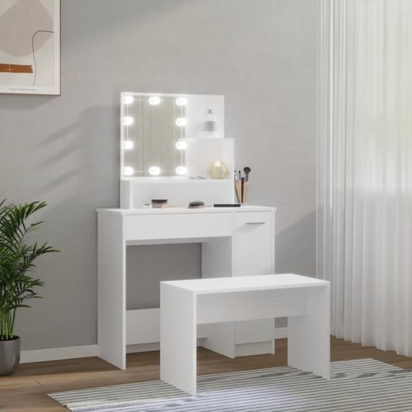 vidaXL makeupbordssæt med LED-lys konstrueret træ hvid