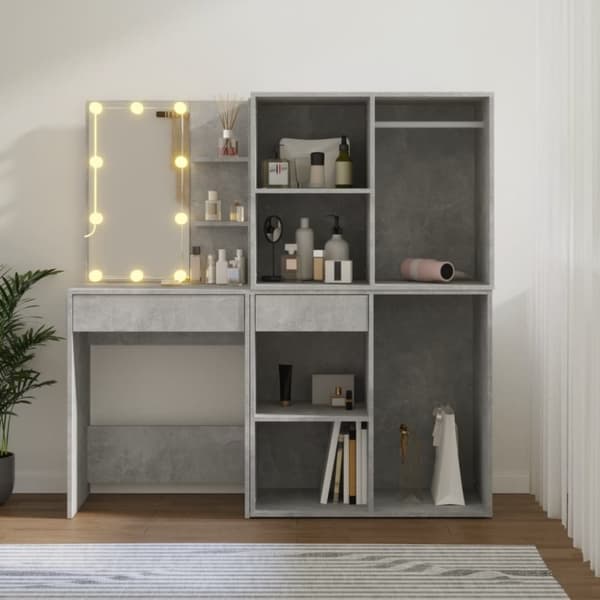 vidaXL makeupbord med LED-lys og 2 skabe konstrueret træ betongrå