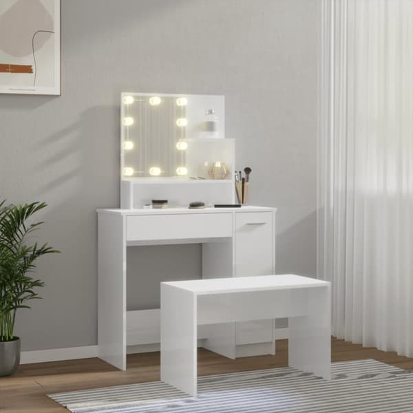 vidaXL makeupbordssæt med LED-lys konstrueret træ hvid højglans