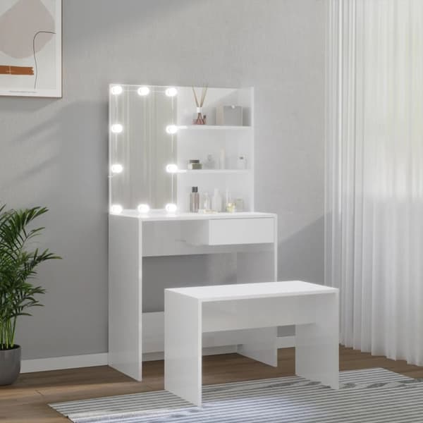 vidaXL makeupbordssæt med LED-lys konstrueret træ hvid højglans