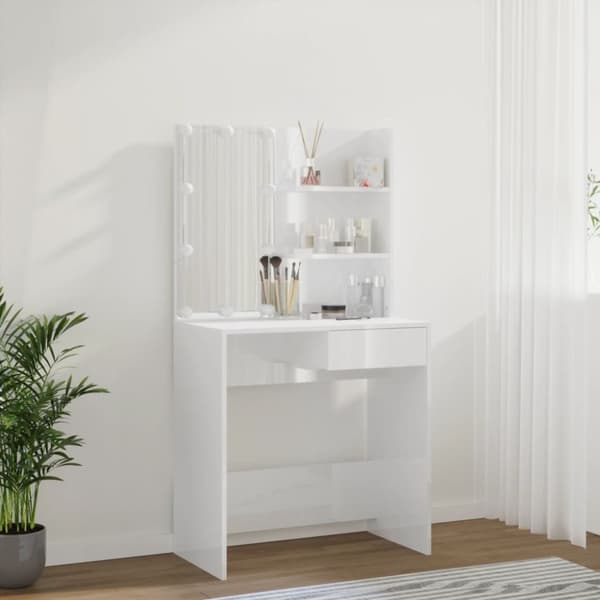 vidaXL makeupbord med LED-lys 74,5x40x141 cm hvid højglans