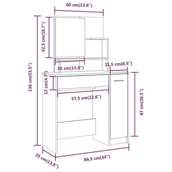 vidaXL makeupbord med spejl 86,5x35x136 cm grå sonoma-eg