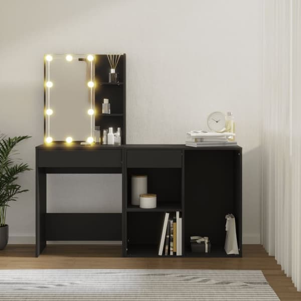 vidaXL makeupbord med LED-lys og skab konstrueret træ sort