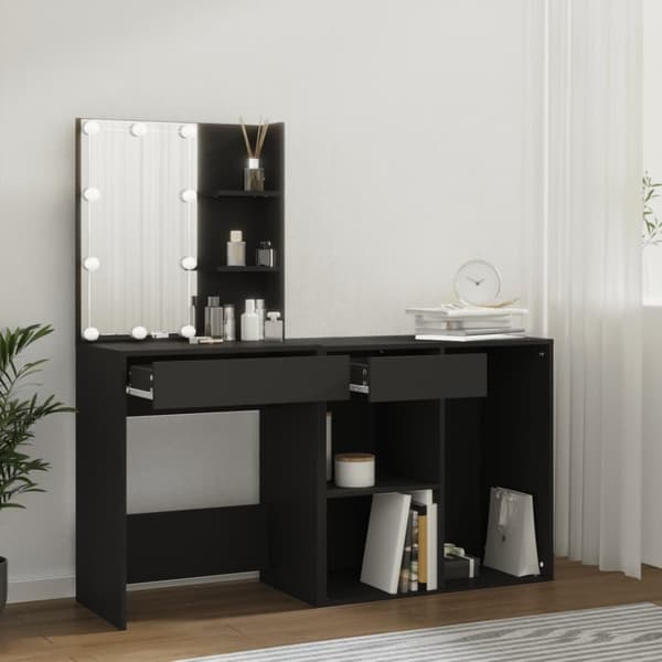 vidaXL makeupbord med LED-lys og skab konstrueret træ sort