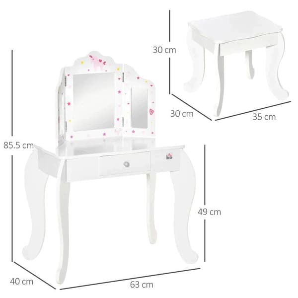 Rootz Sminkbord för barn - Sminkbord och pall för barn - Sminkbord med pall - Rosa/Vit - 63 x 40 x 85,5 cm