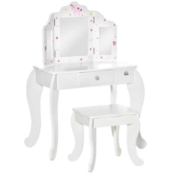 Rootz Sminkbord för barn - Sminkbord och pall för barn - Sminkbord med pall - Rosa/Vit - 63 x 40 x 85,5 cm