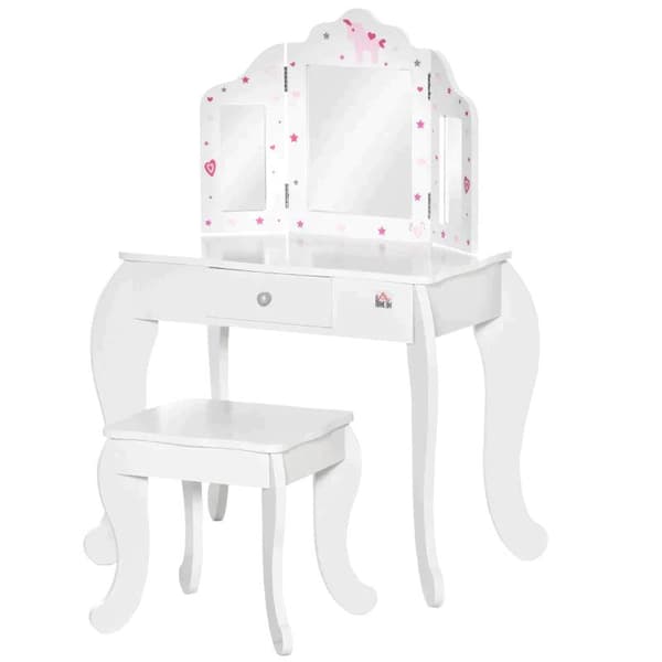 Rootz Sminkbord för barn - Sminkbord och pall för barn - Sminkbord med pall - Rosa/Vit - 63 x 40 x 85,5 cm