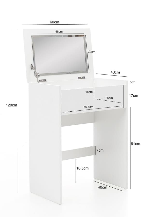 Rootz Meikkipöytä 60x81x40 cm Valkoinen konsolipöytä Wood Modern - Kosmetiikkapöytä jakkaralla ja peilillä - Valkoinen peilipöytä taitettavalla lokero