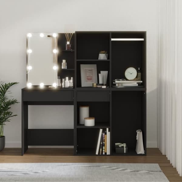 vidaXL makeupbord med LED-lys og skabe konstrueret træ sort