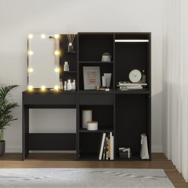 vidaXL LED-sminkebord med skap svart konstruert tre