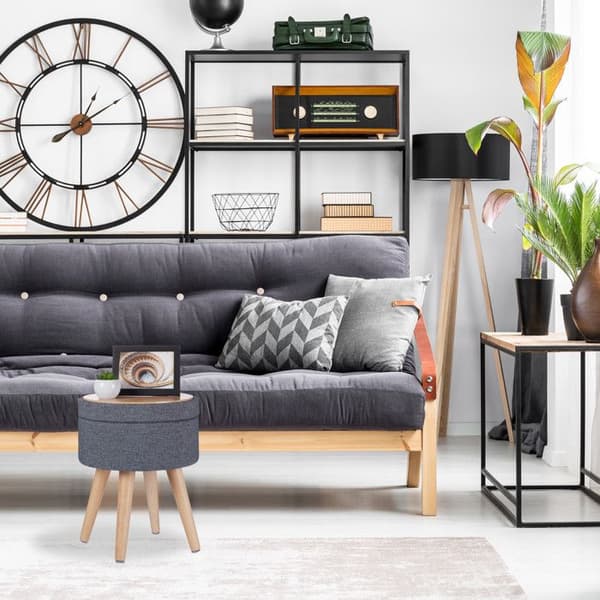 Relaxdays pouf för sminkning med funktion som bord, vadderat lock, förvaring, HxD: 45,5x37cm, tyg, träben, grå/natur.