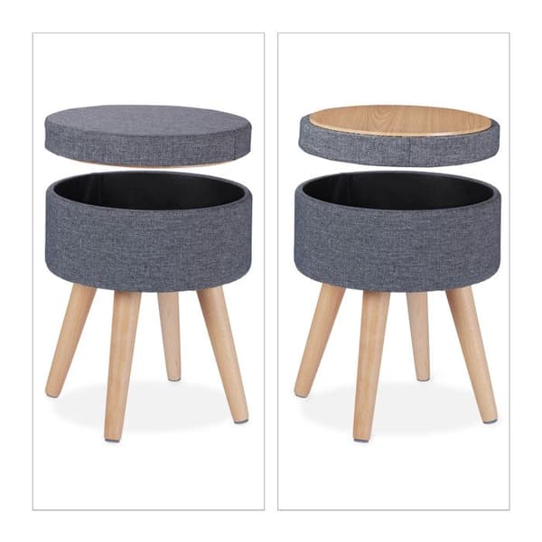 Relaxdays pouf för sminkning med funktion som bord, vadderat lock, förvaring, HxD: 45,5x37cm, tyg, träben, grå/natur.