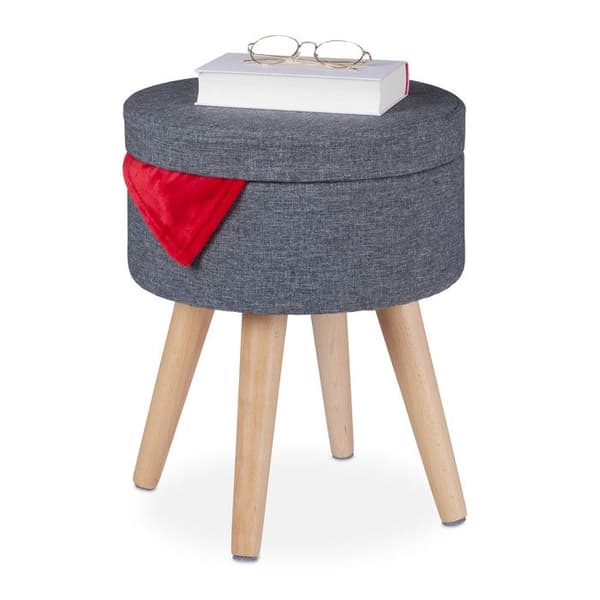 Relaxdays pouf för sminkning med funktion som bord, vadderat lock, förvaring, HxD: 45,5x37cm, tyg, träben, grå/natur.