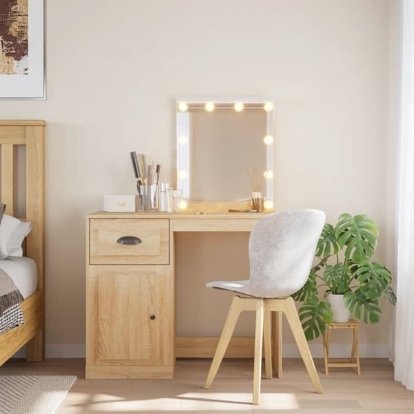 vidaXL Sminkbord med LED-lampor sonoma-ek 90x42x132,5 cm