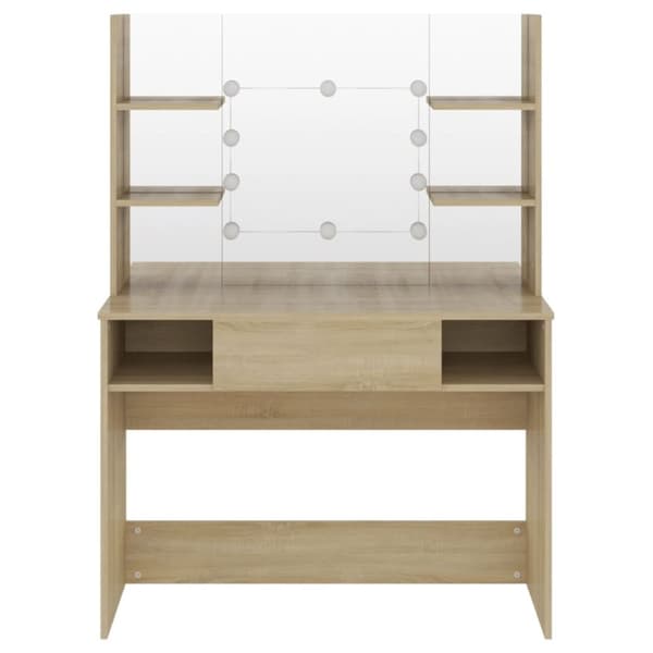 makeupbord med LED-lys 100x40x135 cm MDF egetræ