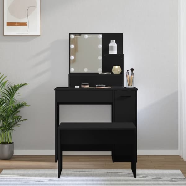 makeupbordssæt med LED-lys konstrueret træ sort