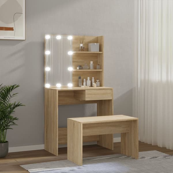 makeupbordssæt med LED-lys konstrueret træ sonoma-eg