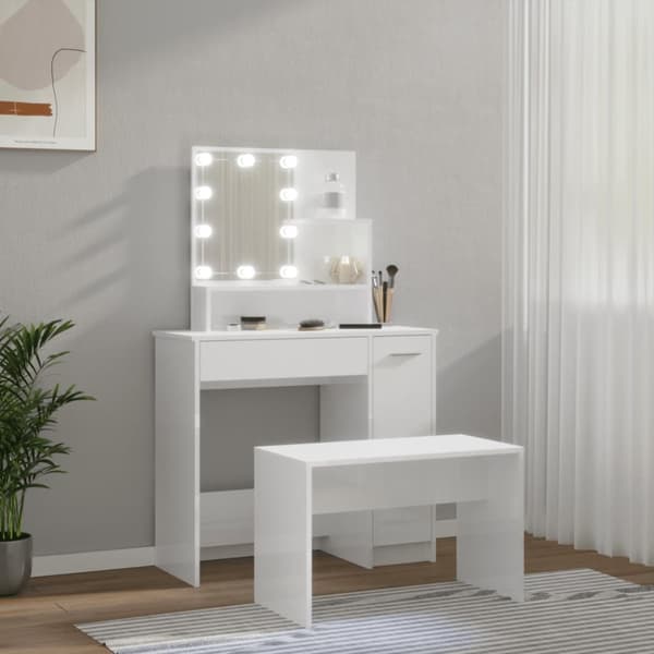 Sminkbord LED vit högglans konstruerat trä