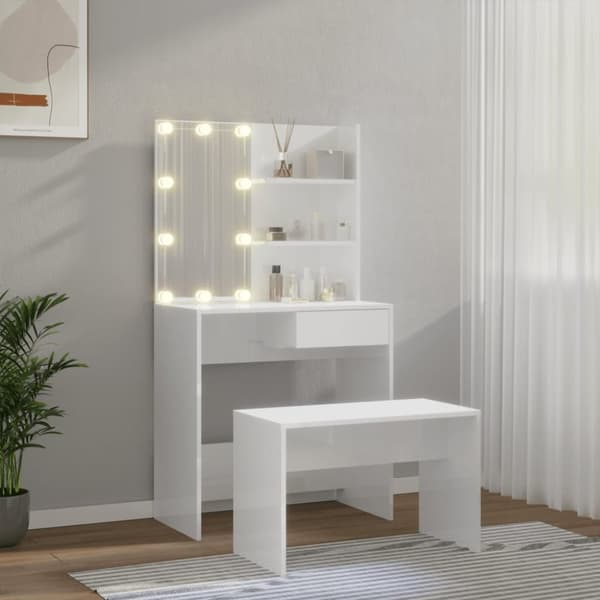 makeupbordssæt med LED-lys konstrueret træ hvid højglans