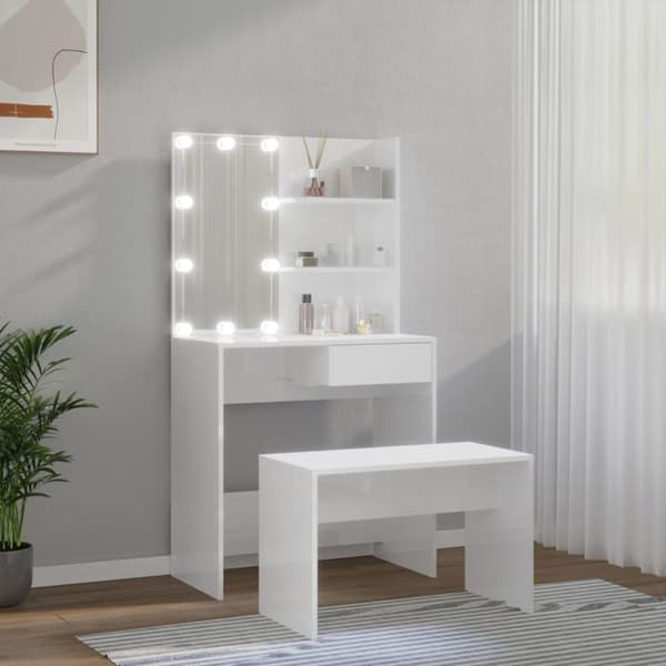 makeupbordssæt med LED-lys konstrueret træ hvid højglans