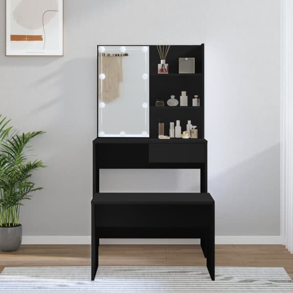 makeupbordssæt med LED-lys konstrueret træ sort