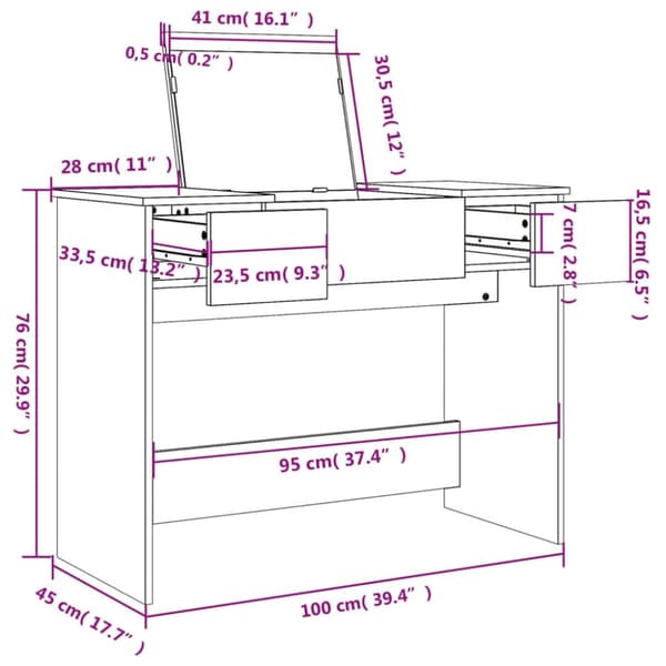 vidaXL Sminkbord med spegel sonoma-ek 100x45x76 cm