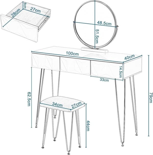 Rootz Elegant sminkebordssæt - Sminkebord - Makeup skrivebord - Stabilt og holdbart - Effektiv opbevaring - Luksuriøs komfort - 100 cm x 79 cm x 40 cm