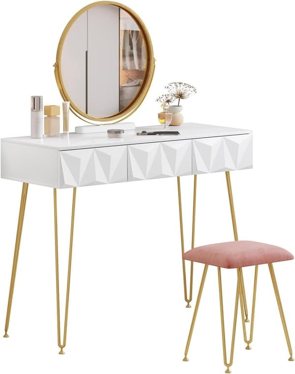 Rootz Elegant sminkebordssæt - Sminkebord - Makeup skrivebord - Stabilt og holdbart - Effektiv opbevaring - Luksuriøs komfort - 100 cm x 79 cm x 40 cm