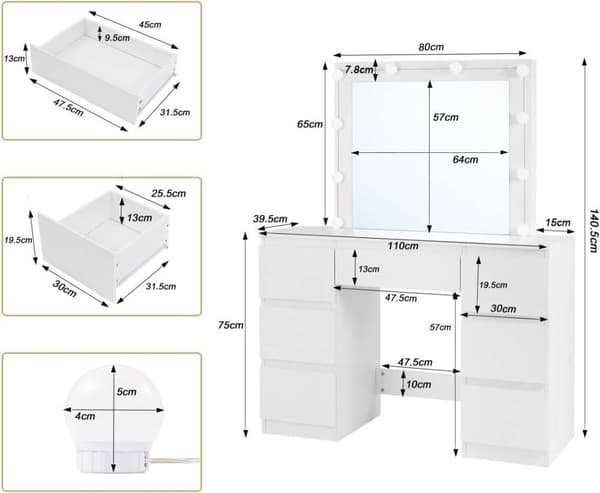 Rootz White Sminkbord - Sminkbord - Sminkbord - Justerbar LED-belysning - Gott om förvaring - Hållbar design - 110 cm x 140,5 cm x 39,5 cm