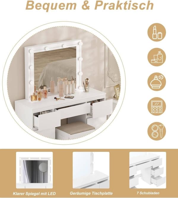 Rootz White Sminkbord - Sminkbord - Sminkbord - Justerbar LED-belysning - Gott om förvaring - Hållbar design - 110 cm x 140,5 cm x 39,5 cm