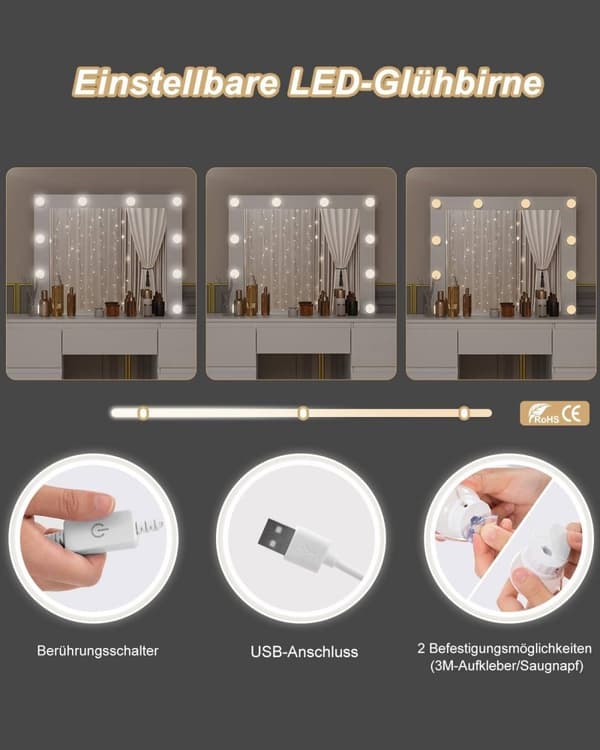 Rootz White Sminkbord - Sminkbord - Sminkbord - Justerbar LED-belysning - Gott om förvaring - Hållbar design - 110 cm x 140,5 cm x 39,5 cm