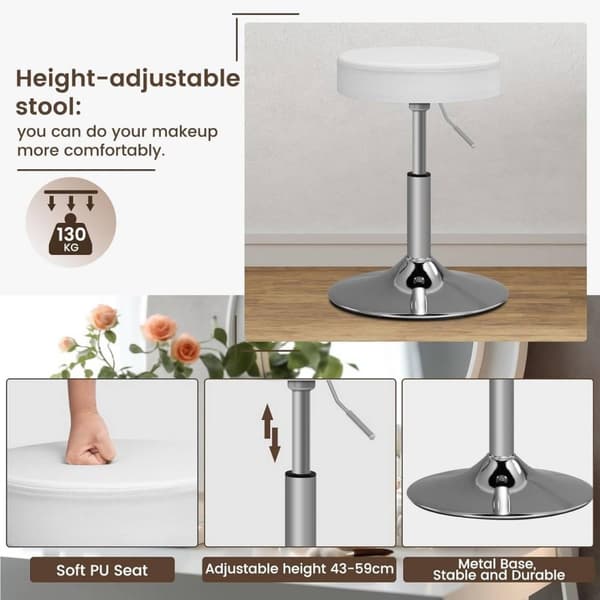 Rootz White Toiletbord med skammel - Makeup-vask - Skønhedsskrivebord - Justerbar LED-belysning - Rigelig opbevaring - Holdbar konstruktion - 108 cm x