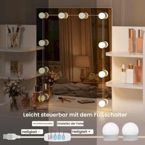 Rootz White Toiletbord med skammel - Makeup-vask - Skønhedsskrivebord - Justerbar LED-belysning - Rigelig opbevaring - Holdbar konstruktion - 108 cm x