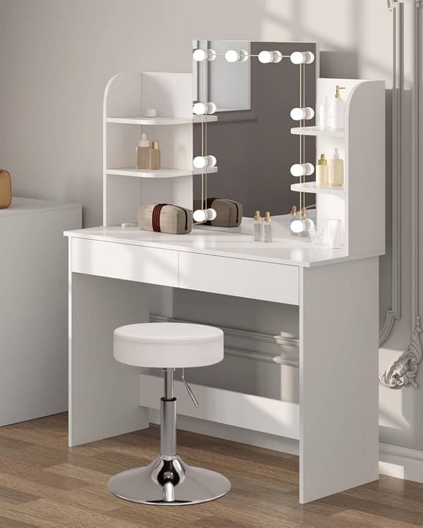 Rootz White Toiletbord med skammel - Makeup-vask - Skønhedsskrivebord - Justerbar LED-belysning - Rigelig opbevaring - Holdbar konstruktion - 108 cm x